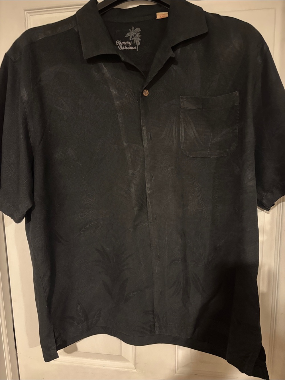 Tommy Bahama Black Short-Sleeve Camp Shirt with Subtle Palm Print